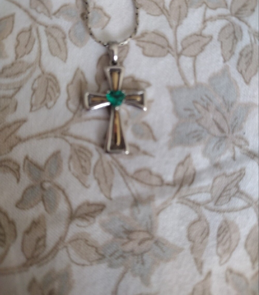Sterling Silver Emerald Heart Cross Necklace - Picture 2 of 9